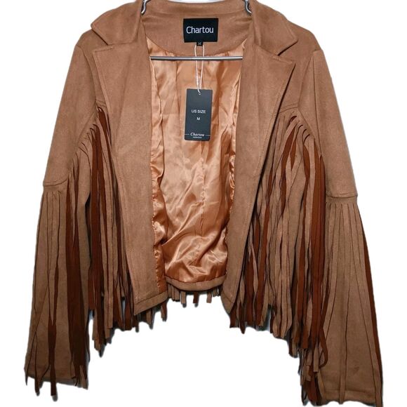 NWT Chartou Faux Suede Camel Color Jacket Sz M Cropped Fringe Open Front - Picture 1 of 10